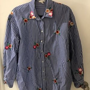 Navy and white stripe button down shirt with floral accents